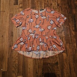 Women's SHEIN Flamingo Print Peplum Top Orange Size Small Vacation Summer Beach